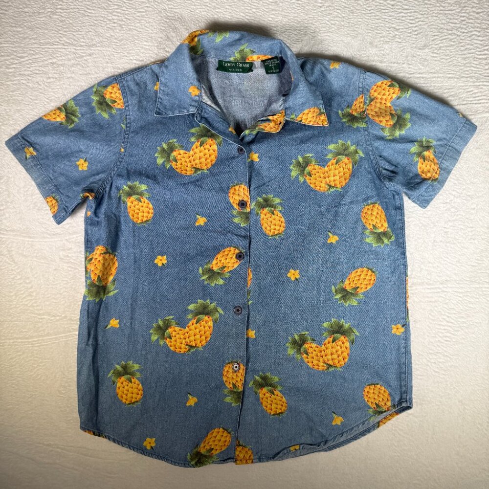 Vintage 90's Lemon Grass Pineapple Denim Button Up Shirt Size Small 100% Cotton